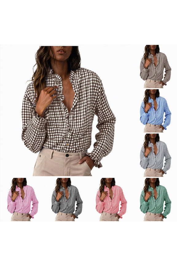 Womens Fashion Plaid Ruffle V Neck Button Down Blouse Casual Long Sleeve Gingham Trendy Tops Work Checkered Shirt (Khaki, XXL)
