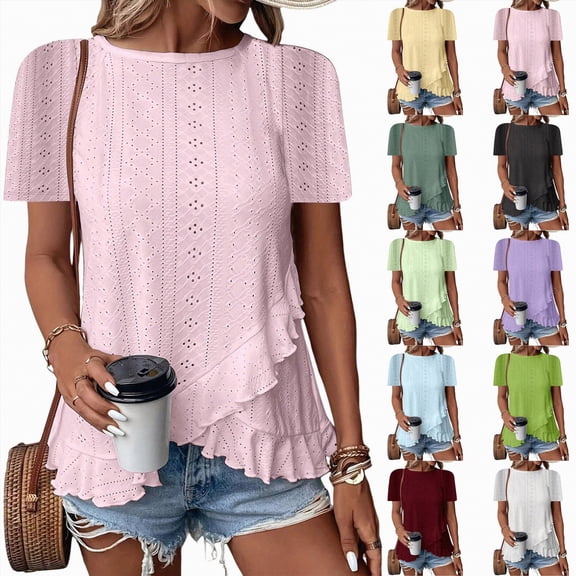 vigerkar Womens Fashion Short Sleeve Eyelet Tops Summer Casual Blouses Dressy Tops with Ruffle Hem (White, M)