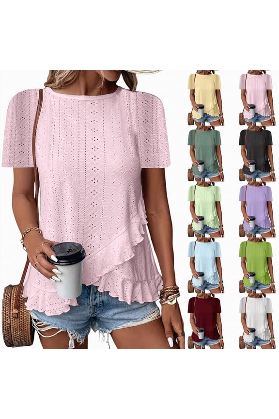 Womens Fashion Short Sleeve Eyelet Tops Summer Casual Blouses Dressy Tops with Ruffle Hem (Yellow, L)