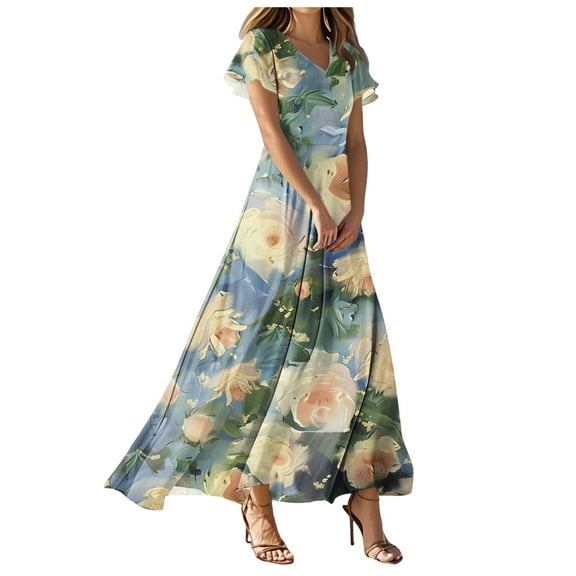 vigerkar Womens Floral Maxi Dress Summer Short Sleeve Long Dresses Flowy V Neck A Line Maxi Dresses Boho Vacation Beach Dress Blue, 3XL
