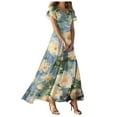 thumbnail image 1 of vigerkar Womens Floral Maxi Dress Summer Short Sleeve Long Dresses Flowy V Neck A Line Maxi Dresses Boho Vacation Beach Dress Blue, M, 1 of 7