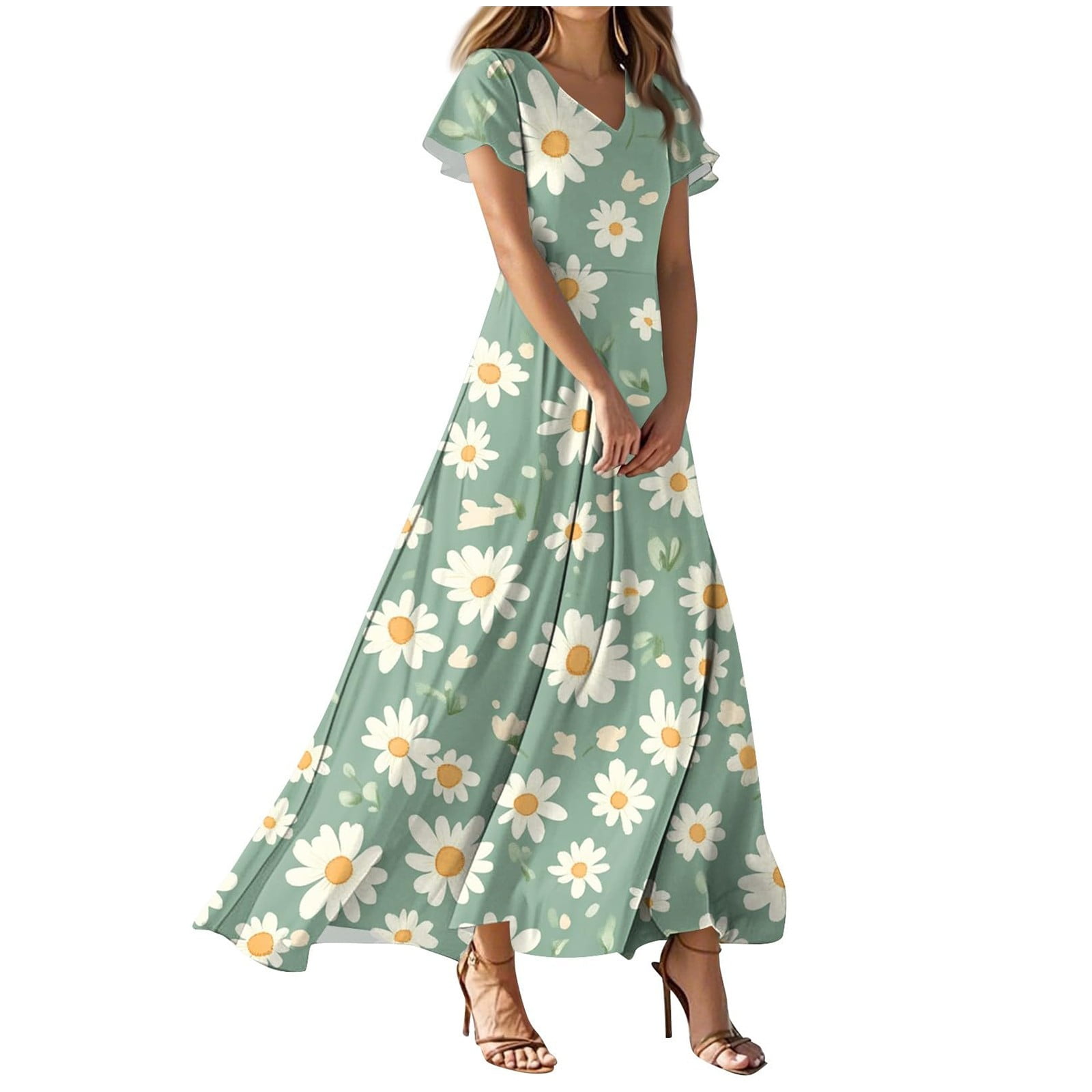 Women's Summer Maxi Dress - Casual Loose Fit With Side Split & Pockets, Short Sleeve Crewneck Beach Vacation Dress - View #5