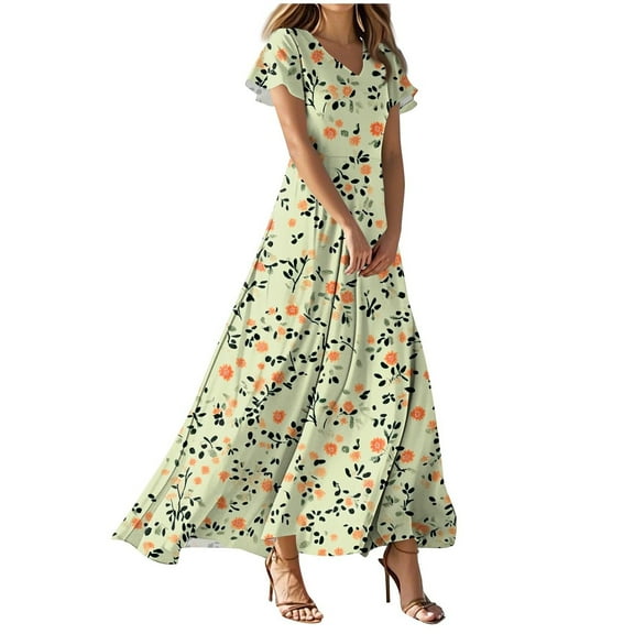 vigerkar Womens Floral Maxi Dress Summer Short Sleeve Long Dresses Flowy V Neck A Line Maxi Dresses Boho Vacation Beach Dress Light Green, M