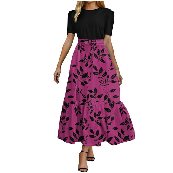 vigerkar Womens Floral Maxi Dresses 2025 Summer Patchwork Pleated Hem Elegant Dress Long Boho Flowy Modest Dress with Belted Hot Pink, M
