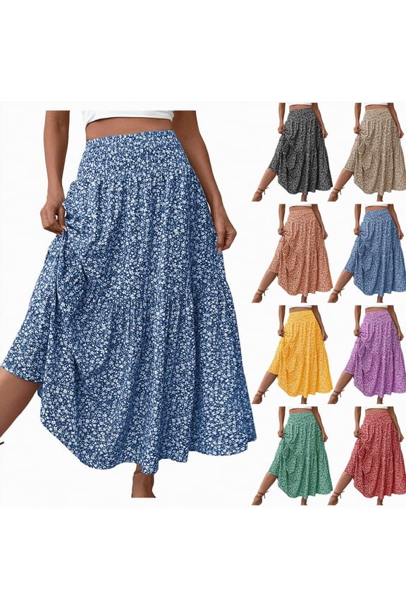 Womens Floral Maxi Skirt with Pockets Cute Tiered Smocked High Waisted Skirts Summer Casual Boho A Line Long Skirts (Purple, S)