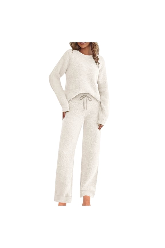 Womens Fuzzy Fleece Pajamas Set 2 Piece Cozy Pjs Lounge Set Warm Long Sleeve Pullover Sweater Pants Loungewear (Beige, S)