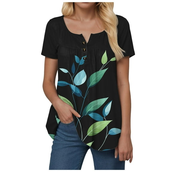 vigerkar Womens Henley Tunic Tops Bohemian Floral Print Button Up T-Shirts V-Neck Casual Blouses Black, M