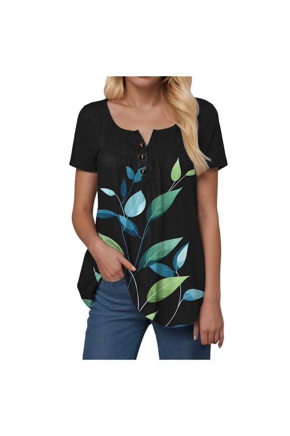 Womens Henley Tunic Tops Bohemian Floral Print Button Up T-Shirts V-Neck Casual Blouses Black, M