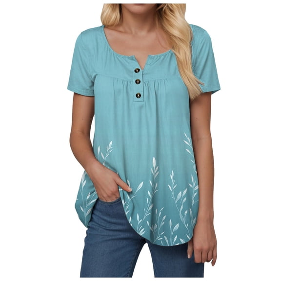 vigerkar Womens Henley Tunic Tops Bohemian Floral Print Button Up T-Shirts V-Neck Casual Blouses Mint Green, XXL