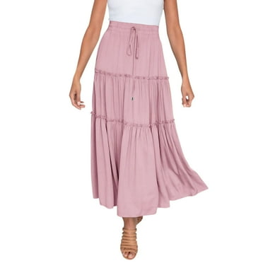 vigerkar Womens High Waist A Line Ruffle Swing Long Maxi Skirt with Pockets Pink, M