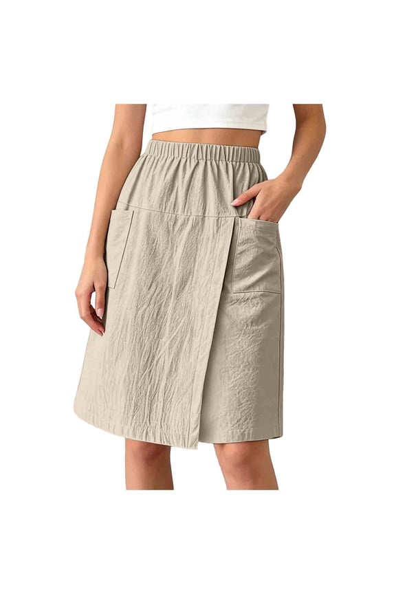 Womens High Waist Loose Skort Summer Knee Length Modest Skirt Holiday Comfy Shorts (Khaki, S)