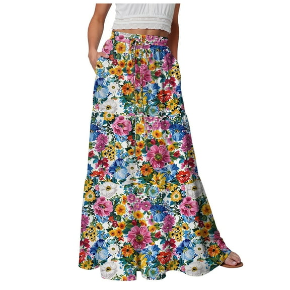 vigerkar Womens High Waist Maxi Skirt Midi Swing Skirts Beach Vacation Cruise Outfits with Pockets Blue, XXL
