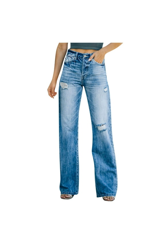 Womens High Waist Stretch Distressed Jeans Destroyed Denim Pants Blue, M