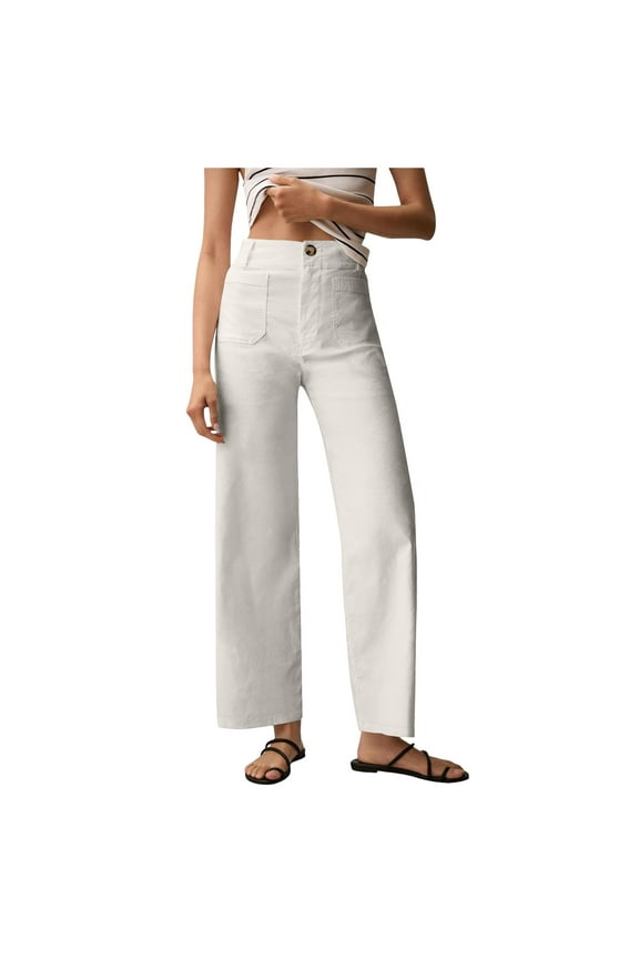 Womens High Waisted Cropped Wide Leg Stretchy Straight Pants Trousers with Pockets White, M