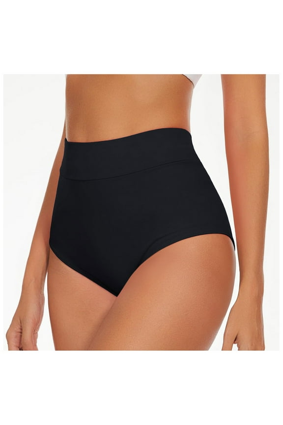 Womens High Waisted Seamless Bikini Bottoms High Cut Tummy Control Cheeky Quick Dry Bikini Bottom Black, S