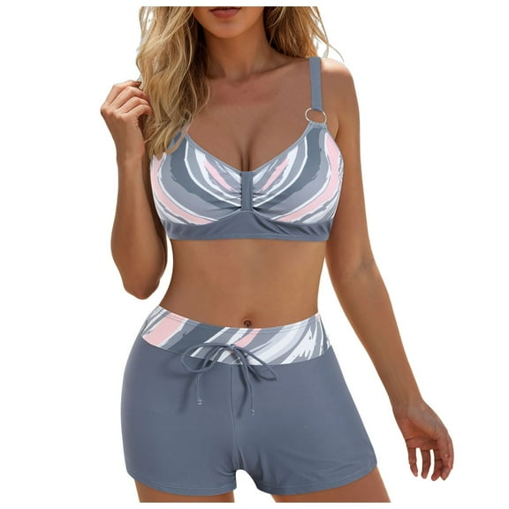 vigerkar Womens High Waisted Swimsuits with Boy Shorts Triangle Top Stripes Halter Bikini Two Piece Bathing Suits Grey, M