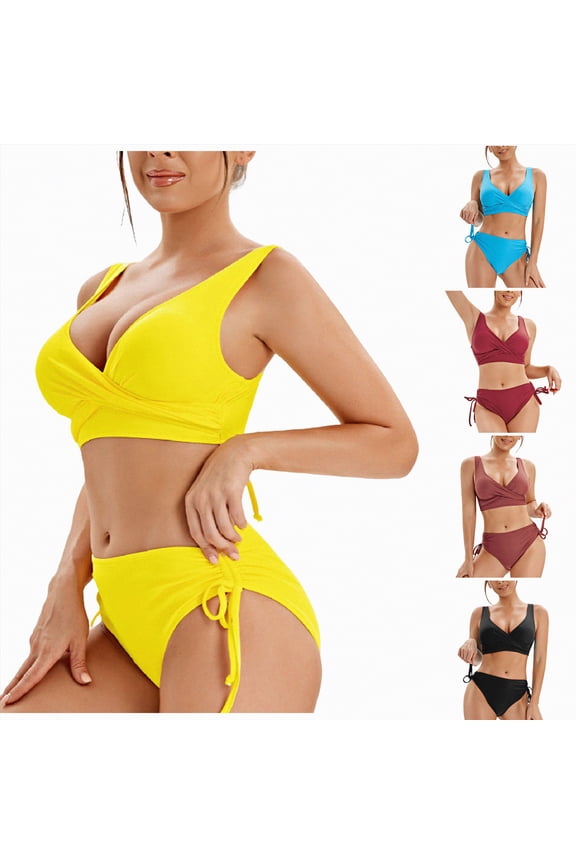 Womens High Waisted Thong Bikini Sets Sexy Brazilian Triangle Top Deep V Neck Two Piece Swimsuit Bathing Suits (Yellow, XL)