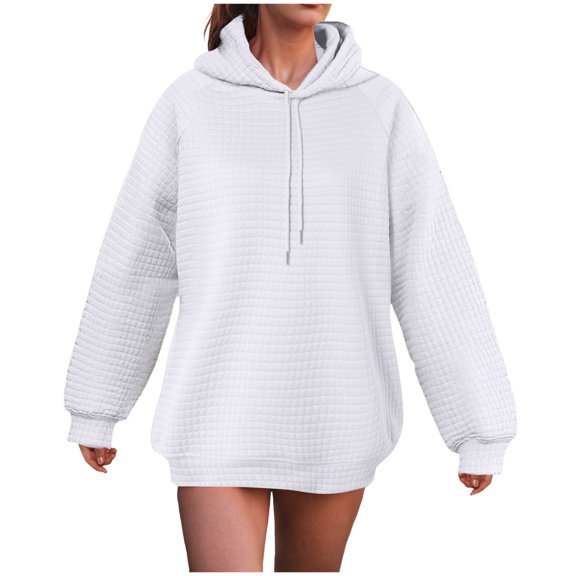 vigerkar Womens Hoodies Tops Casual Long Sleeve Drawstring Waffle Loose Fit Pullover Sweatshirt (White, XL)