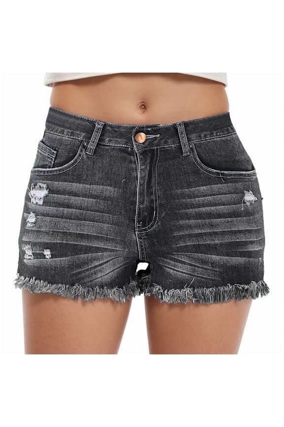 Womens Jean Shorts Summer Vacation High Waisted Frayed Raw Hem Ripped Skinny Casual Shorts (Black, XXL)