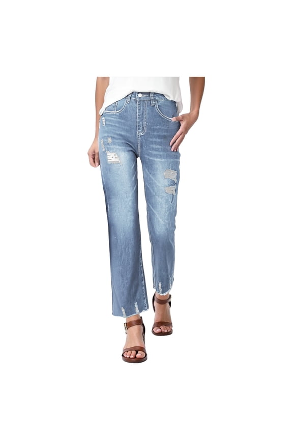 Womens Jeans High Waisted Stretchy Ripped Distressed Tummy Control Straight Ankle Jean for Women Trendy (Blue, M)