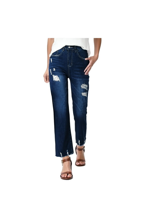 Womens Jeans High Waisted Stretchy Ripped Distressed Tummy Control Straight Ankle Jean for Women Trendy (Dark Blue, M)