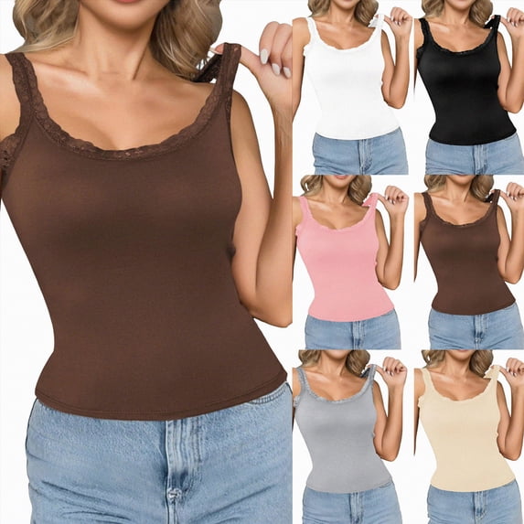 vigerkar Womens Lace Trim Ribbed Tank Tops Scoop Neck Fitted Sleeveless Shirts Cute Going Out Camisole Solid Color Top (Pink, XL)