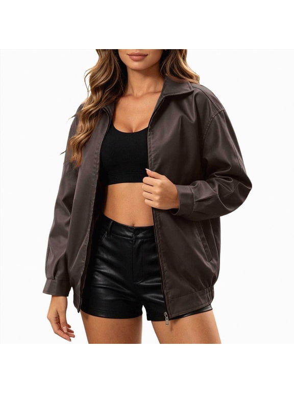 Womens Leather Jacket Oversized Faux Casual Zip Up Bomber Jackets, Long Sleeve Lapel Zip Up Warm Side Pockets (Coffee, XL)
