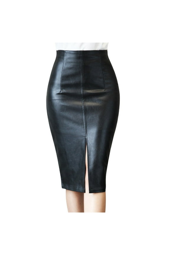 Womens Leather Skirt, Bodycon Faux Mini High Waist Casual Zip PU Slim Pencil Skirt Black, L