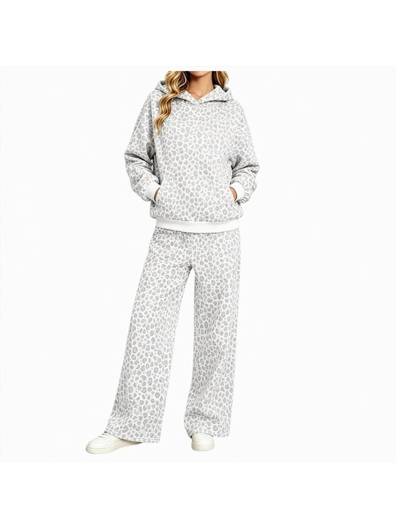 Womens Leopard 2 Piece Sets Oversized Hoodies Straight Leg Sweatpants Sweatsuits, Hooded Sweatshirt Lounge Fall Outfits (White, L)