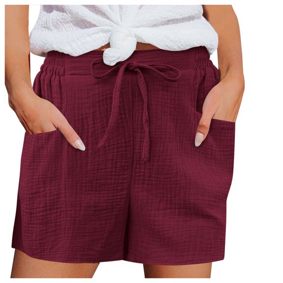 vigerkar Womens Linen Shorts,2025 Summer Shorts for Women Comfy Cute Drawstring Beach Short Pants with Pockets,Outdoor Wine, XXL