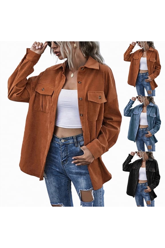 Womens Long Sleeve Button Down Boyfriend Shirts Casual Shacket Jacket Coats (Brown, S)