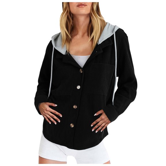 vigerkar Womens Long Sleeve Button Down Shirt Corduroy Shacket Jacket Casual Fall Solid Short Hooded Coats (Black, L)