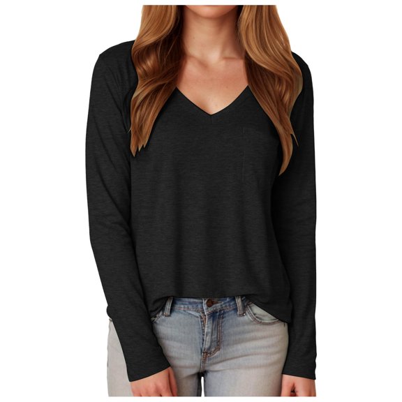 vigerkar Womens Long Sleeve Shirts V Neck Casual Tops Loose Dressy Basic Fall Fashion Trendy Outfits Winter Clothes (Black, 3XL)