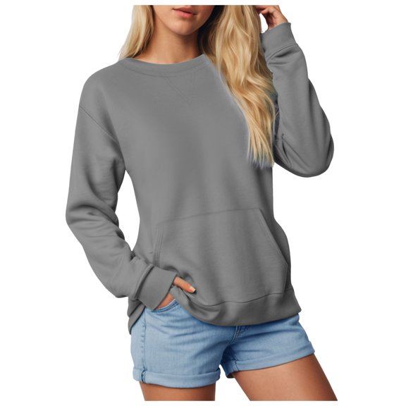 vigerkar Womens Long Sleeve Sweatshirts Casual Crewneck Cute Pullover Tops Lightweight Sweatshirt with Pocket (Grey, XXL)