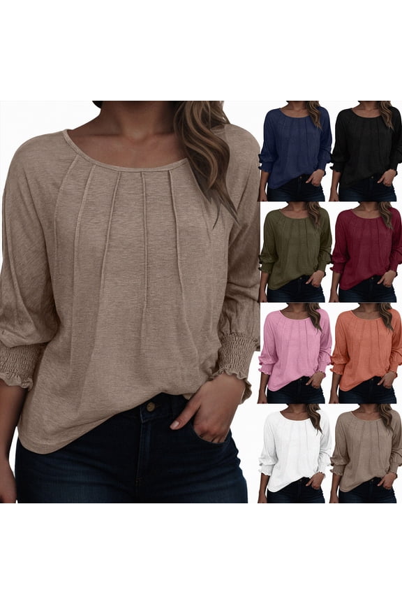 Womens Long Sleeve Tunic Tops Fashion Loose Fit Dressy Tops Pleated Front Crewneck Shirts Business Casual Cute Tee (Brick Red, S)