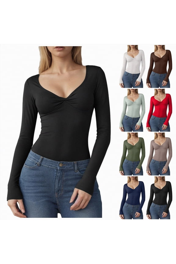 Womens Long Sleeve Twist Front V Neck T Shirts Slim Fit Trendy Shirt Tee (Red, L)