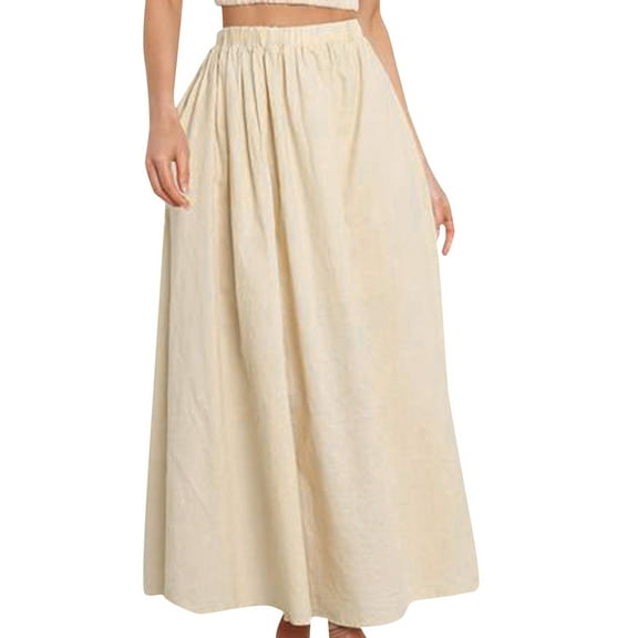 vigerkar Womens A-line Long Summer Skirt Elastic High Waist Flowy Skirt with Pockets Beige, S