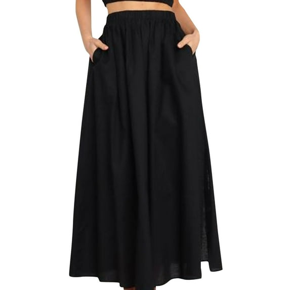 vigerkar Womens Maxi A-line Long Summer Skirt Elastic High Waist Flowy Skirt with Pockets Black, M