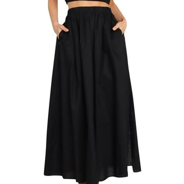 vigerkar Womens Maxi A-line Long Summer Skirt Elastic High Waist Flowy Skirt with Pockets Black, S