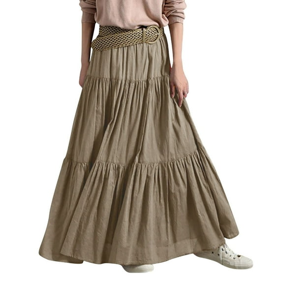 vigerkar Womens Maxi Skirt Drawstring High Waisted Summer Long Skirts Lightweight Tiered Flowy Floral Pleated Skirts With Pockets Brown, XXL