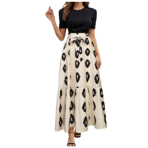 vigerkar Womens Maxi Skirt Tie-Waist High Waisted Summer Long Skirts Lightweight Tiered Flowy Floral Pleated Skirts Khaki, XXL