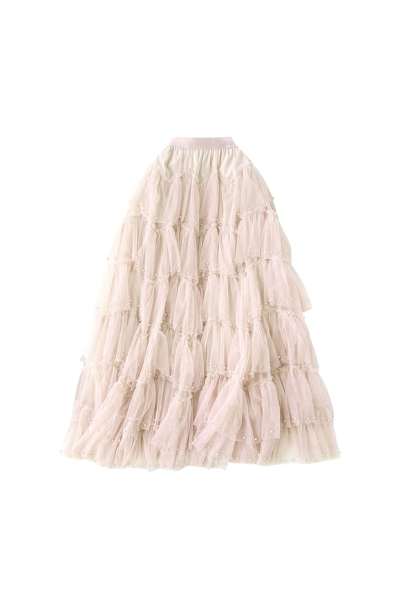 Womens Mesh Skirt High Waisted Solid Color Pearl Ruffle Patchwork Cake Skirt Beaded Skirt Beige, One Size