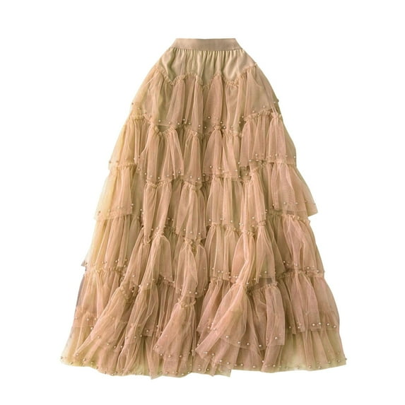 vigerkar Womens Mesh Skirt High Waisted Solid Color Pearl Ruffle Patchwork Cake Skirt Beaded Skirt Khaki, One Size