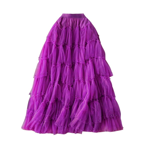 vigerkar Womens Mesh Skirt High Waisted Solid Color Pearl Ruffle Patchwork Cake Skirt Beaded Skirt RD1, One Size
