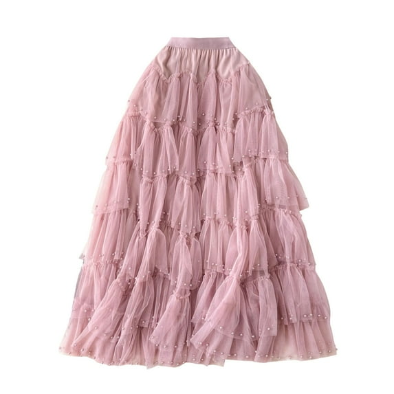 vigerkar Womens Mesh Skirt High Waisted Solid Color Pearl Ruffle Patchwork Cake Skirt Beaded Skirt RD2, One Size