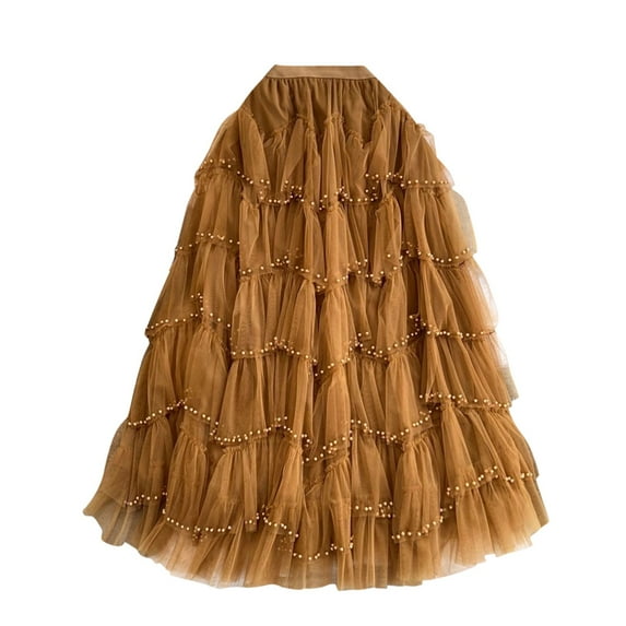 vigerkar Womens Mesh Skirt High Waisted Solid Color Pearl Ruffle Patchwork Cake Skirt Beaded Skirt Yellow, One Size