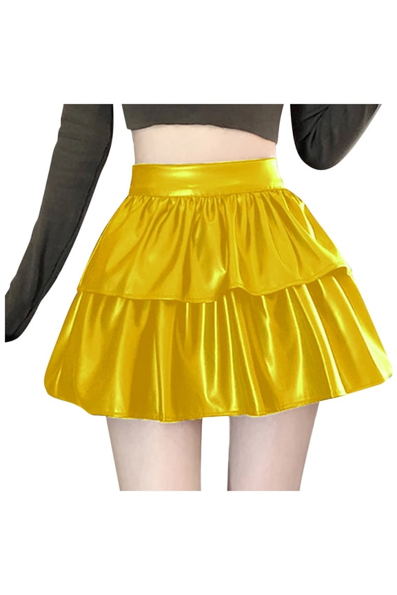 Womens Metallic Skirt Sparkly Shiny 2-Layer Ruffle Skirts Party Rave Dresses Gold, XL