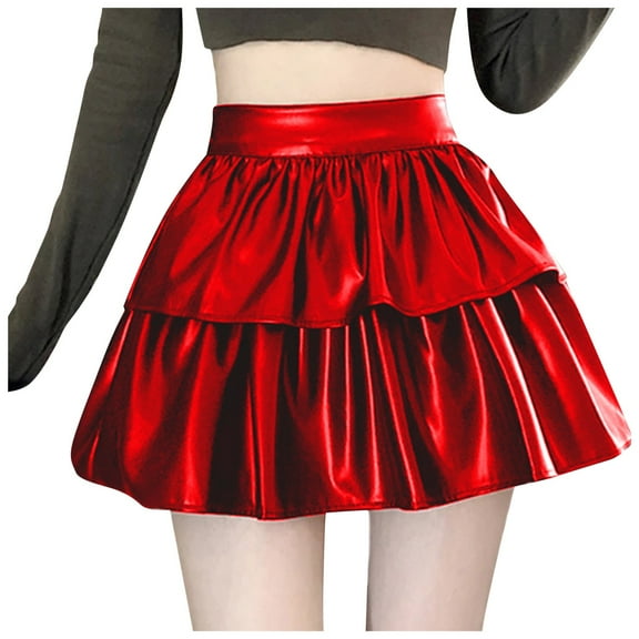 vigerkar Womens Metallic Skirt Sparkly Shiny 2-Layer Ruffle Skirts Party Rave Dresses Red, XL
