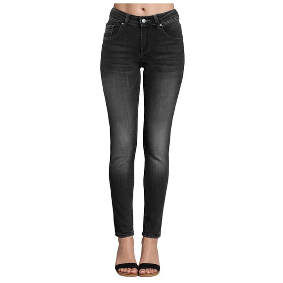 vigerkar Womens Mid Rise Tummy Control Skinny Jeans - High Waist, Comfortable Stretch and Flattering Fit Black, L