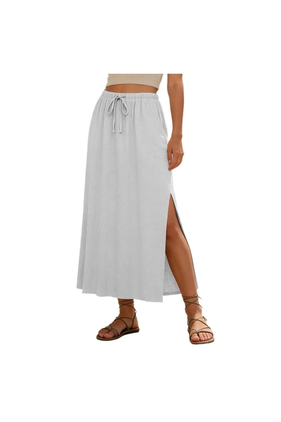 Womens Midi Skirt Cotton Maxi Skirt Casual Flowy Swing Elastic High Waist A-Line Split Long Boho with Pockets (White, XL)